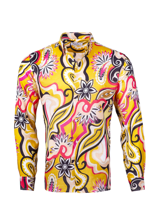 Printed Linen Shirt 70's Yellow